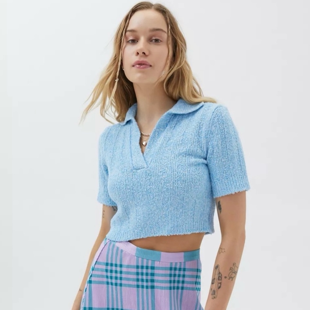 Urban Outfitters Andrea Collared Cropped Blue Sweater Top Size Med